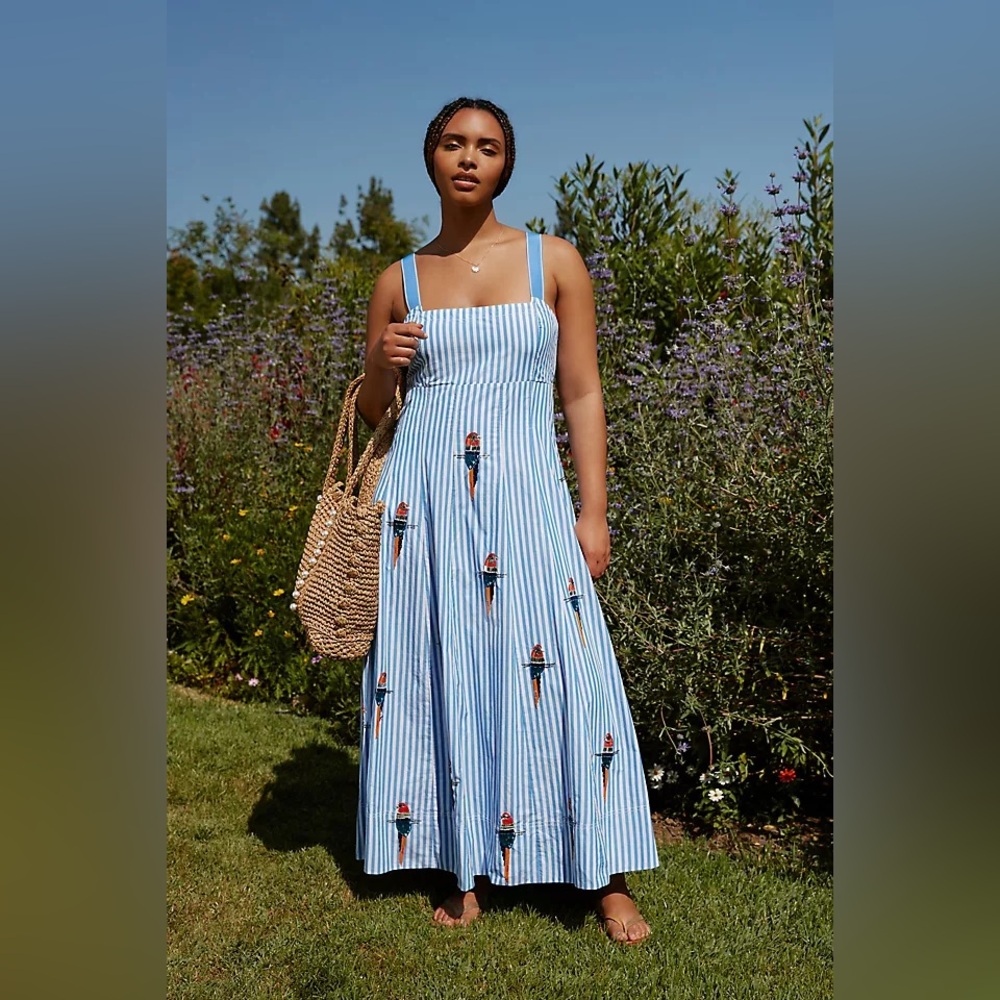Anthropologie Maeve‎ Tie Back A Line Maxi Dress Striped Blue Beaded Birds 24W